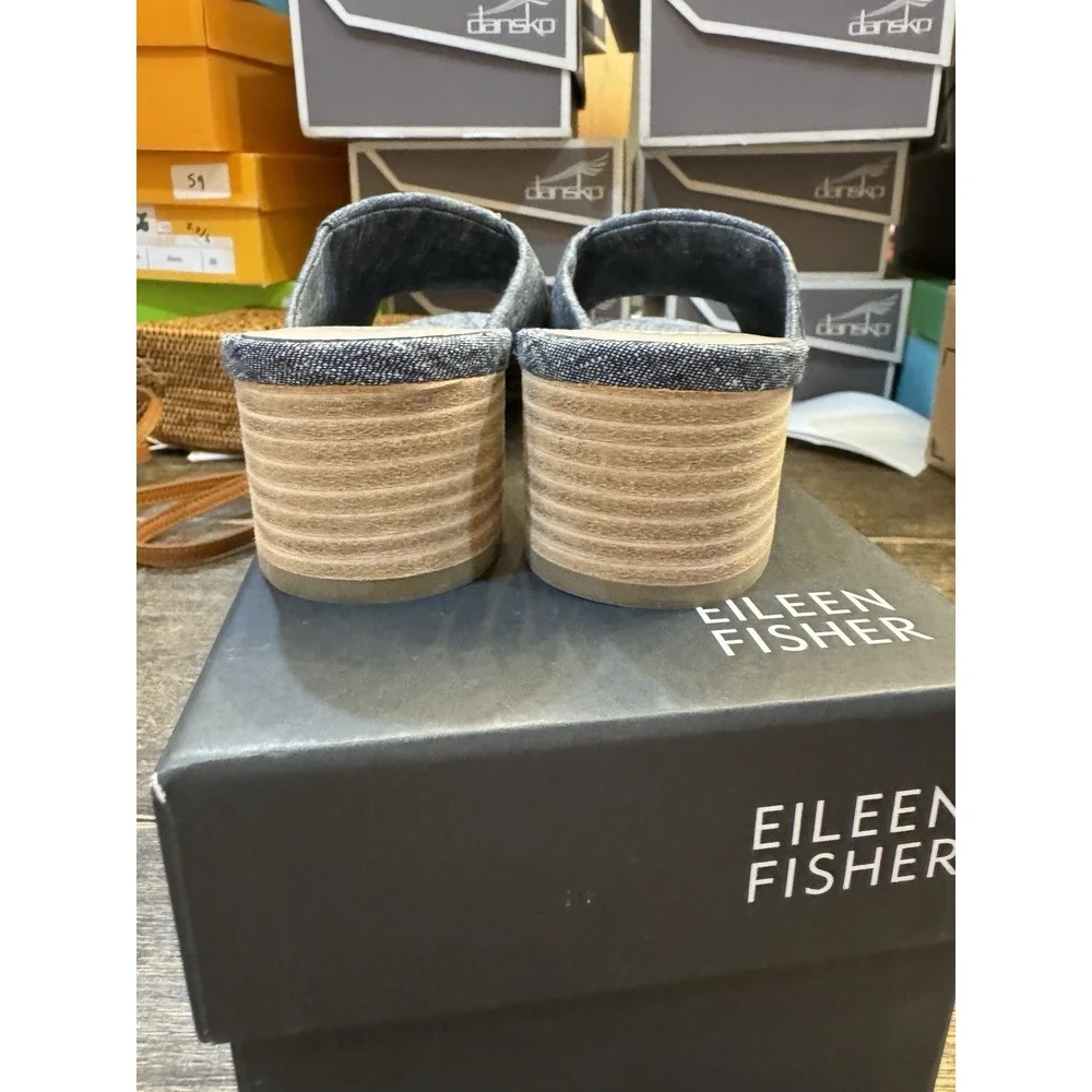 Eileen Fisher Ruche Mule Sandals Chambray‎ Blue Denim Block Heel Comfort Size 7